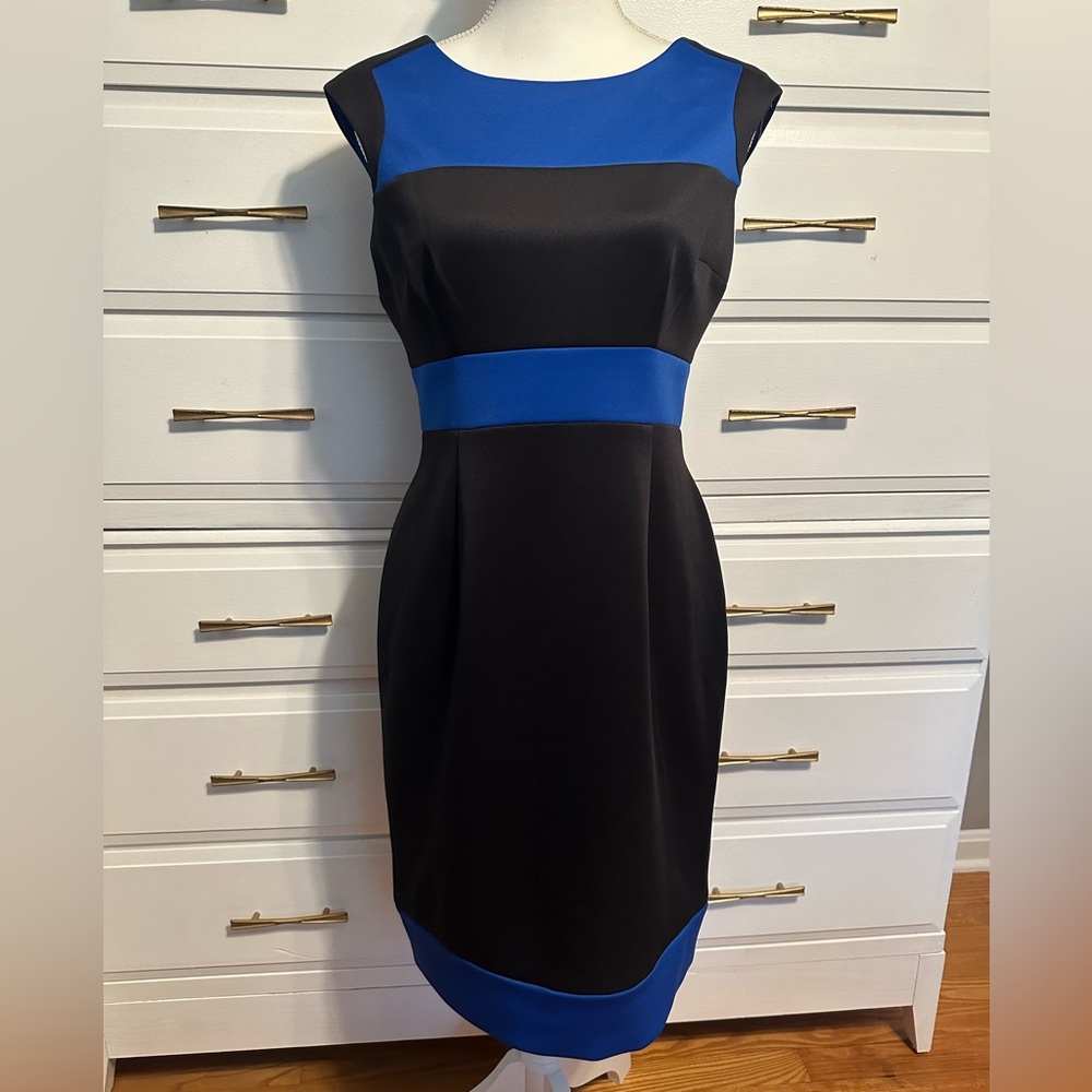 London Times Women’s Blue and Black Cap Sleeve Dress - Size 8